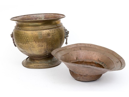 Brass Jardiniere With Lion Heads And Copper Liner