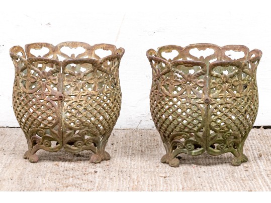 Very Decorative Pair Of Vintage Cast Iron Planters