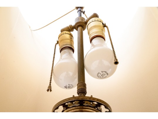 Pair Of Antique Painted Glass Oil Lamps Mounted As Electric Twin Light Table Lamps 