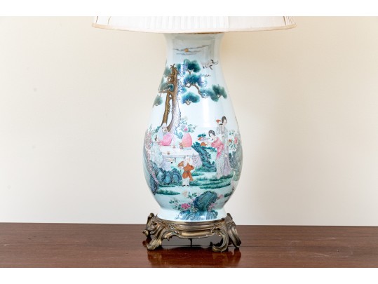 Large Antique Chinese Famille Rose Painted Porcelain Vase Mounted As A Table Lamp