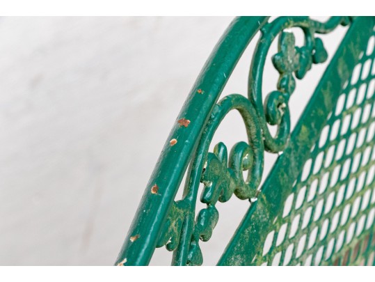 Three Piece Vintage Green Painted Wrought Iron Patio Set