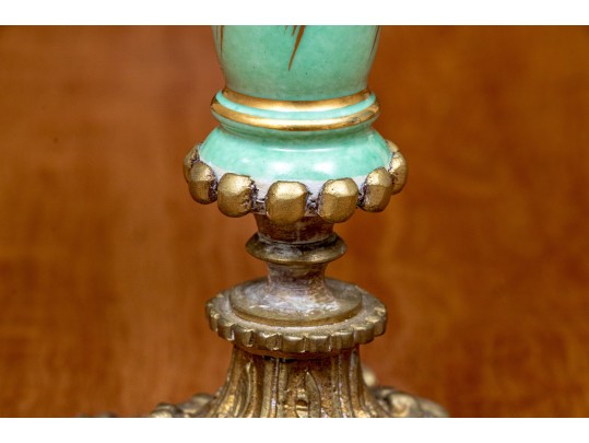 Pair Of Antique Brass And Painted Porcelain Candelabra