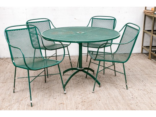 Five Piece Vintage Green Painted Wrought Iron Patio Set