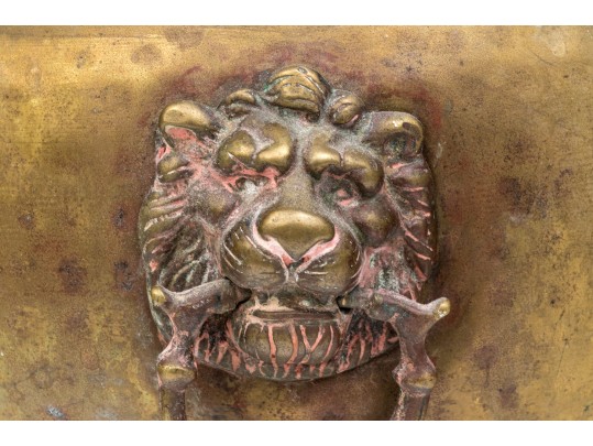 Brass Jardiniere With Lion Heads And Copper Liner