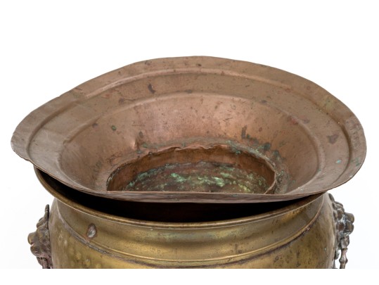 Brass Jardiniere With Lion Heads And Copper Liner