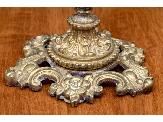 Pair Of Antique Brass And Painted Porcelain Candelabra