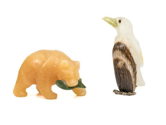 Lot Of Two Fun Stone Animals, Including A Chalcedony Bear And An Agate And Multi Stone Penguin