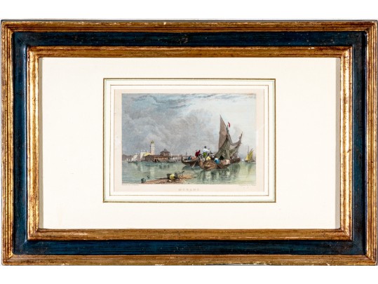 Antique Framed Color Engraving Of Murano, Venice