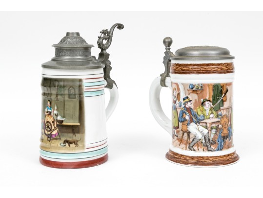 Pair Of Fabulous German Lithopane Steins, With Scenes In The Bottom Of The Stein