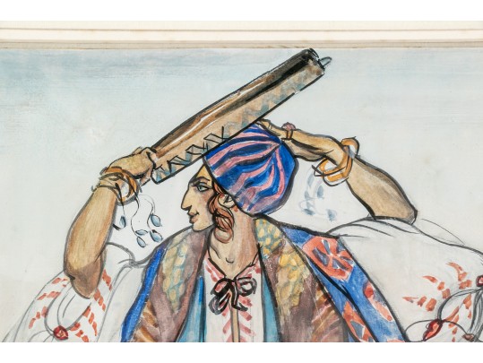 Attributed To: Leon Bakst (Russian, 1866-1924), Ink And Watercolor On Paper Card