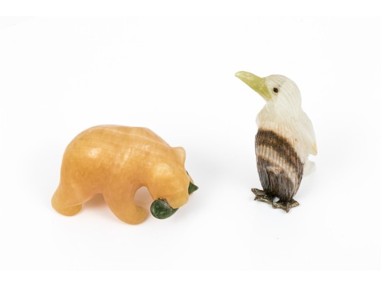 Lot Of Two Fun Stone Animals, Including A Chalcedony Bear And An Agate And Multi Stone Penguin