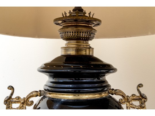 Pair Of Antique Painted Glass Oil Lamps Mounted As Electric Twin Light Table Lamps 