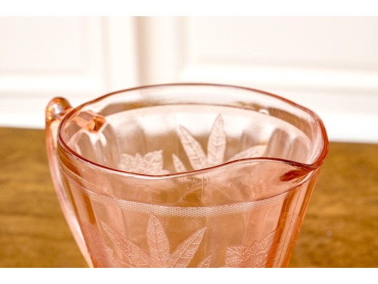 Vintage Jeanette Glass Pink Depression Poinsettia Floral Pitcher With 4 Footed Tumblers