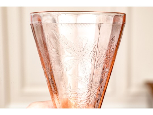 Vintage Jeanette Glass Pink Depression Poinsettia Floral Pitcher With 4 Footed Tumblers