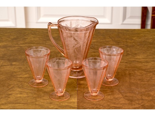 Vintage Jeanette Glass Pink Depression Poinsettia Floral Pitcher With 4 Footed Tumblers