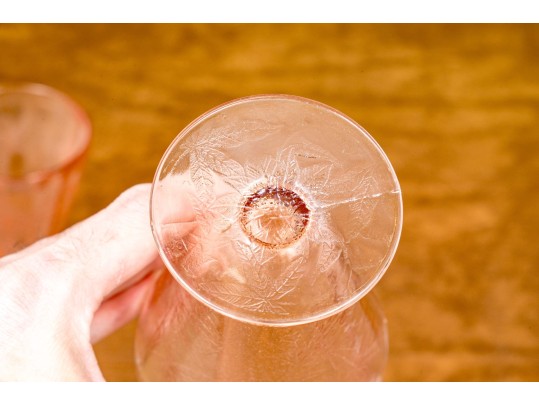 Vintage Jeanette Glass Pink Depression Poinsettia Floral Pitcher With 4 Footed Tumblers