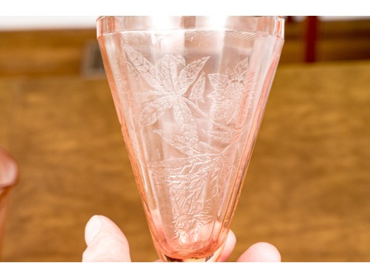 Vintage Jeanette Glass Pink Depression Poinsettia Floral Pitcher With 4 Footed Tumblers