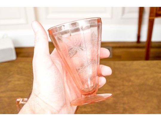 Vintage Jeanette Glass Pink Depression Poinsettia Floral Pitcher With 4 Footed Tumblers