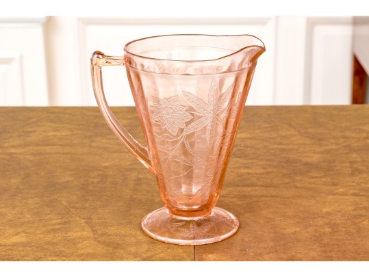 Vintage Jeanette Glass Pink Depression Poinsettia Floral Pitcher With 4 Footed Tumblers