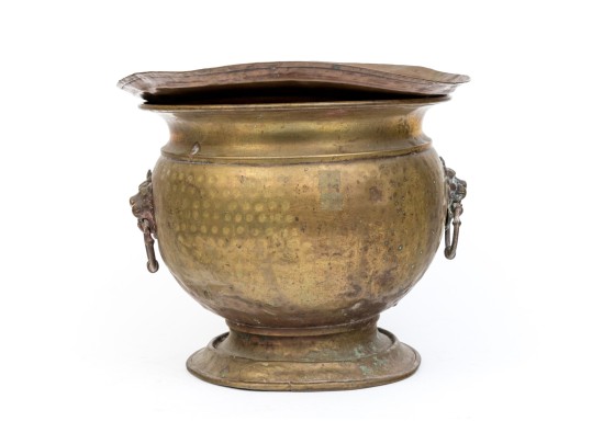 Brass Jardiniere With Lion Heads And Copper Liner