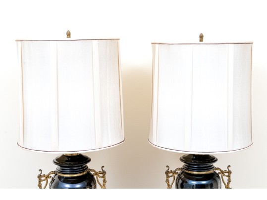 Pair Of Antique Painted Glass Oil Lamps Mounted As Electric Twin Light Table Lamps 