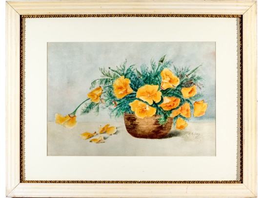 Marie Antoinette Ney (American, 1846-1915) Watercolor On Paper, Basket Of Pansies
