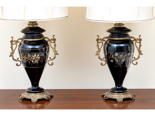 Pair Of Antique Painted Glass Oil Lamps Mounted As Electric Twin Light Table Lamps 