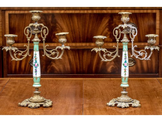 Pair Of Antique Brass And Painted Porcelain Candelabra