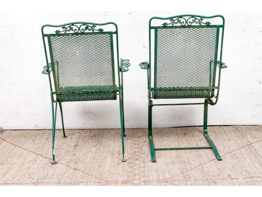 Three Piece Vintage Green Painted Wrought Iron Patio Set