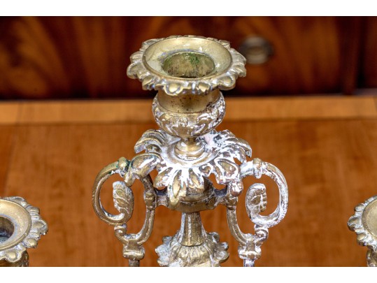 Pair Of Antique Brass And Painted Porcelain Candelabra