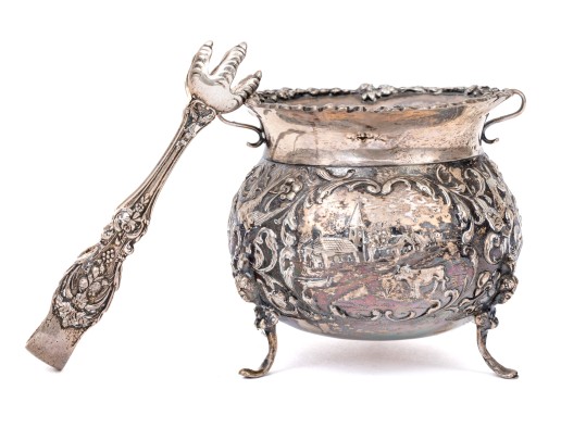 Antique Netherlands 833 Silver Footed Sugar Bowl With Village Scenes, And Sterling Silver Tongs 