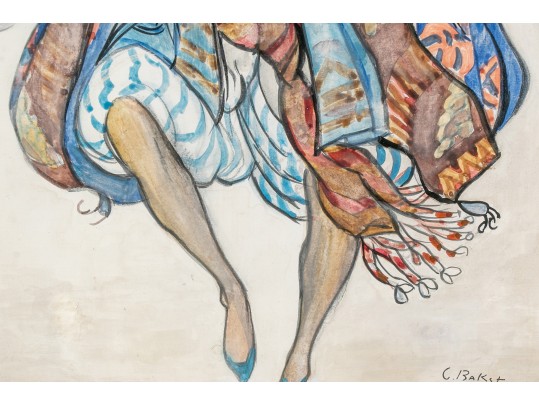 Attributed To: Leon Bakst (Russian, 1866-1924), Ink And Watercolor On Paper Card