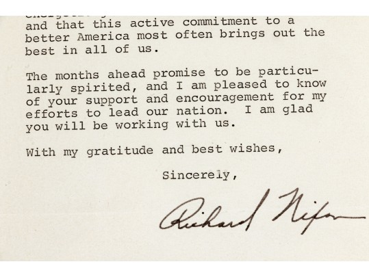 Historic Signed Letter From Former President Richard Nixon To A Donor, Dated March 27, 1972