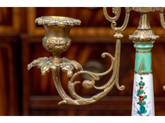 Pair Of Antique Brass And Painted Porcelain Candelabra