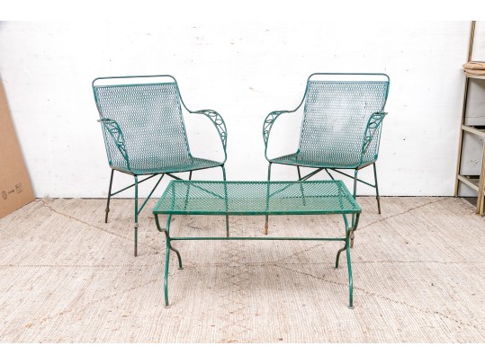 Four Piece Elegant Vintage Green Painted Wrought Iron Patio Set
