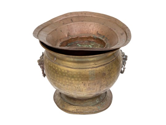 Brass Jardiniere With Lion Heads And Copper Liner