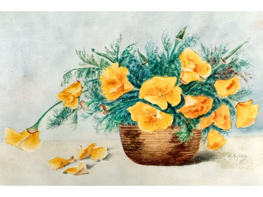 Marie Antoinette Ney (American, 1846-1915) Watercolor On Paper, Basket Of Pansies