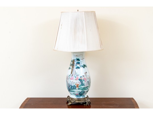 Large Antique Chinese Famille Rose Painted Porcelain Vase Mounted As A Table Lamp