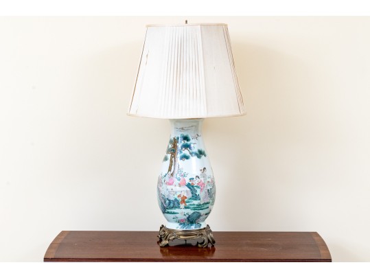 Large Antique Chinese Famille Rose Painted Porcelain Vase Mounted As A Table Lamp