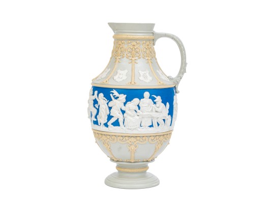 Stunning Mettlach Relief Decorated Ceramic Water Pitcher