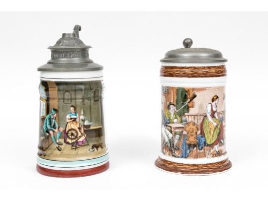 Pair Of Fabulous German Lithopane Steins, With Scenes In The Bottom Of The Stein