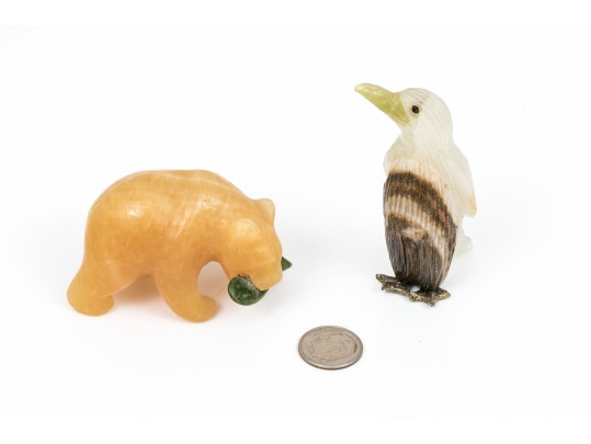Lot Of Two Fun Stone Animals, Including A Chalcedony Bear And An Agate And Multi Stone Penguin