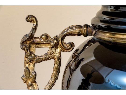 Pair Of Antique Painted Glass Oil Lamps Mounted As Electric Twin Light Table Lamps 