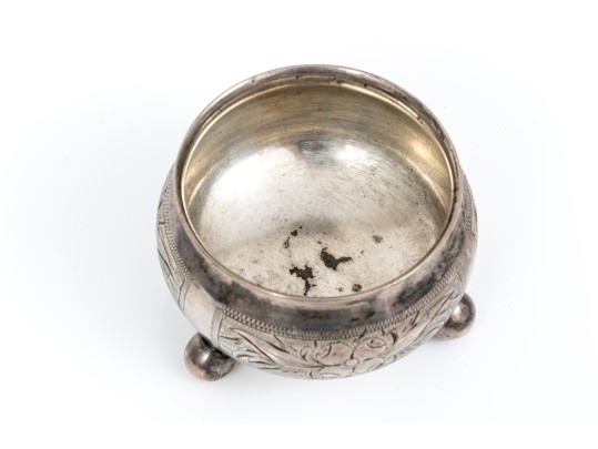 Antique Russian 84 Silver Chased Salt And 875 Russian Silver Rimmed Cut Glass Nut Dish