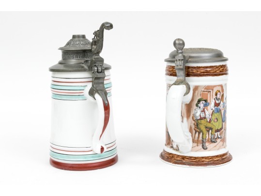 Pair Of Fabulous German Lithopane Steins, With Scenes In The Bottom Of The Stein