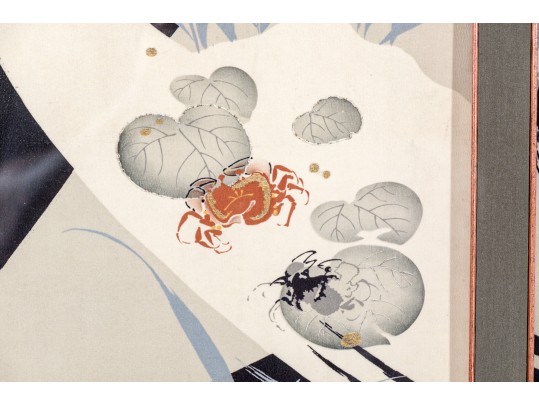 Large Scale Framed New Age Japanese Tryptich, Printed And Embroidered Fabric Scenes