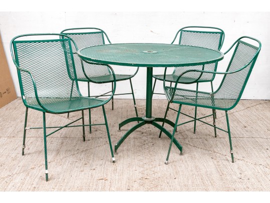 Five Piece Vintage Green Painted Wrought Iron Patio Set