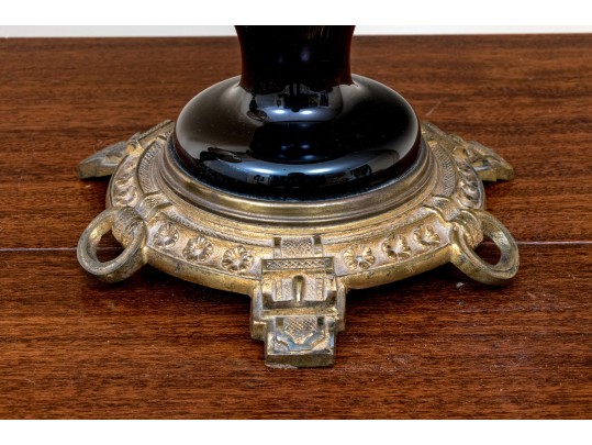 Pair Of Antique Painted Glass Oil Lamps Mounted As Electric Twin Light Table Lamps 