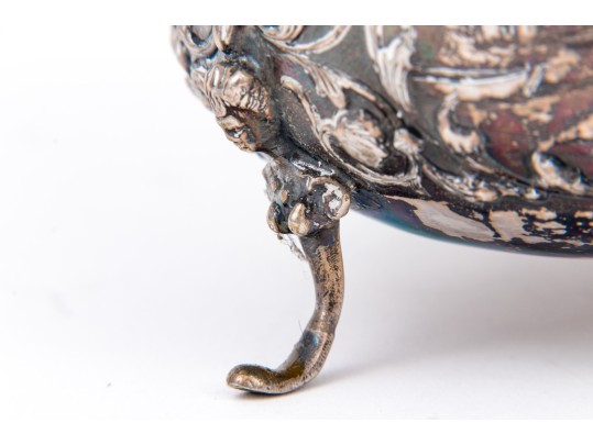 Antique Netherlands 833 Silver Footed Sugar Bowl With Village Scenes, And Sterling Silver Tongs 