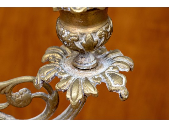 Pair Of Antique Brass And Painted Porcelain Candelabra